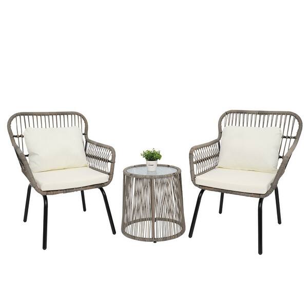 slide 21 of 21, Outdoor 3 Pieces Wicker Bistro Chat Set for 2 Persons Off White Cushions