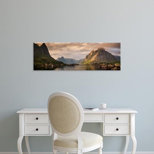 Easy Art Prints Panoramic Image 'Village and fjord among mountains, Reine, Moskenesoya, Lofoten, Norway' Canvas Art