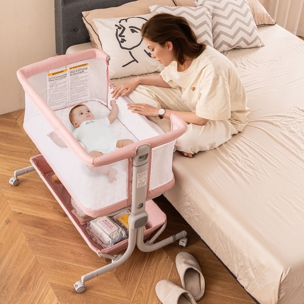 slide 2 of 3, Baby Bassinet Bedside Sleeper with 6-Level Adjustable Height - 34.5" x 25" x 33.5" (L x W x H) Pink