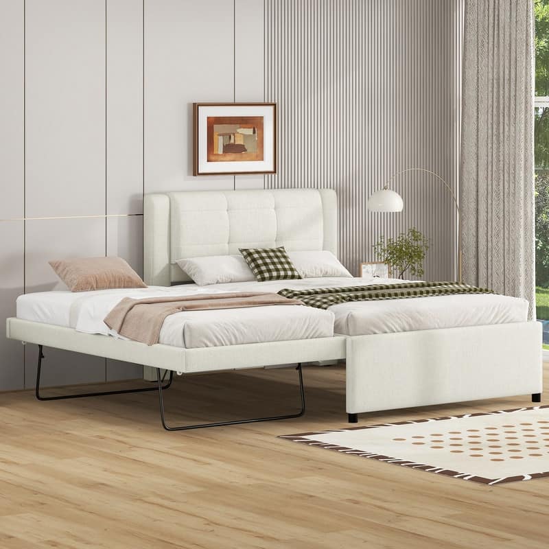 Full Size Upholstery Platform Bed with Trundle,Trundle can be flat or erected