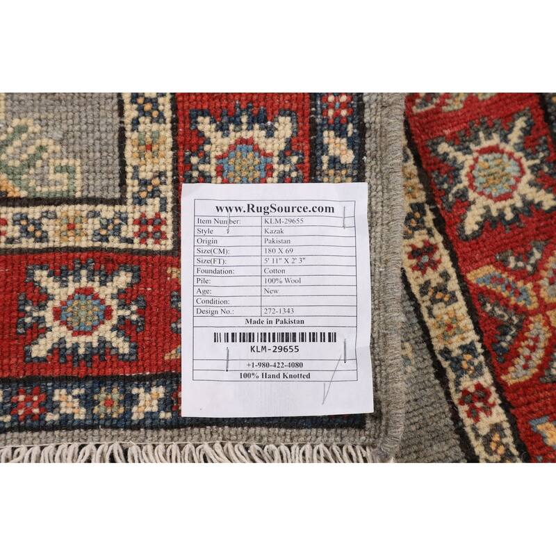 Geometric Kazak Oriental Runner Rug Hand-Knotted Grey Wool Carpet - 2'3" x 5'11"