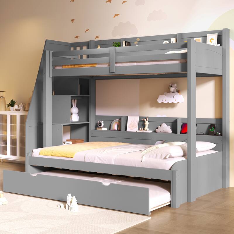 Twin Over Full Size Bunk Bed with Built-in 3-in-1 Storage Shelves and Charging Station, Pull-out Trundle, Storage Staircase