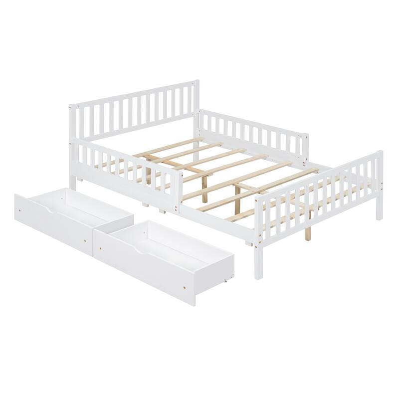 Wood Twin/Full Size Wood Platform Bed with Guardrails on Both Sides and Two Storage Drawers