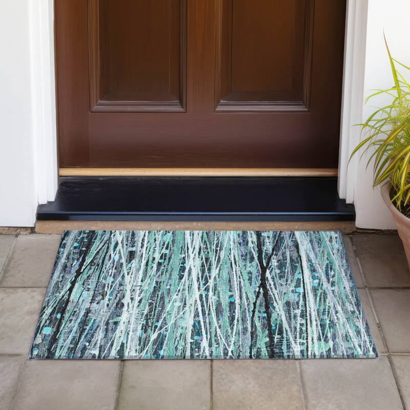Machine Washable Indoor/Outdoor Abstract Stripes Chantille Rug - Teal - 1'8" x 2'6"