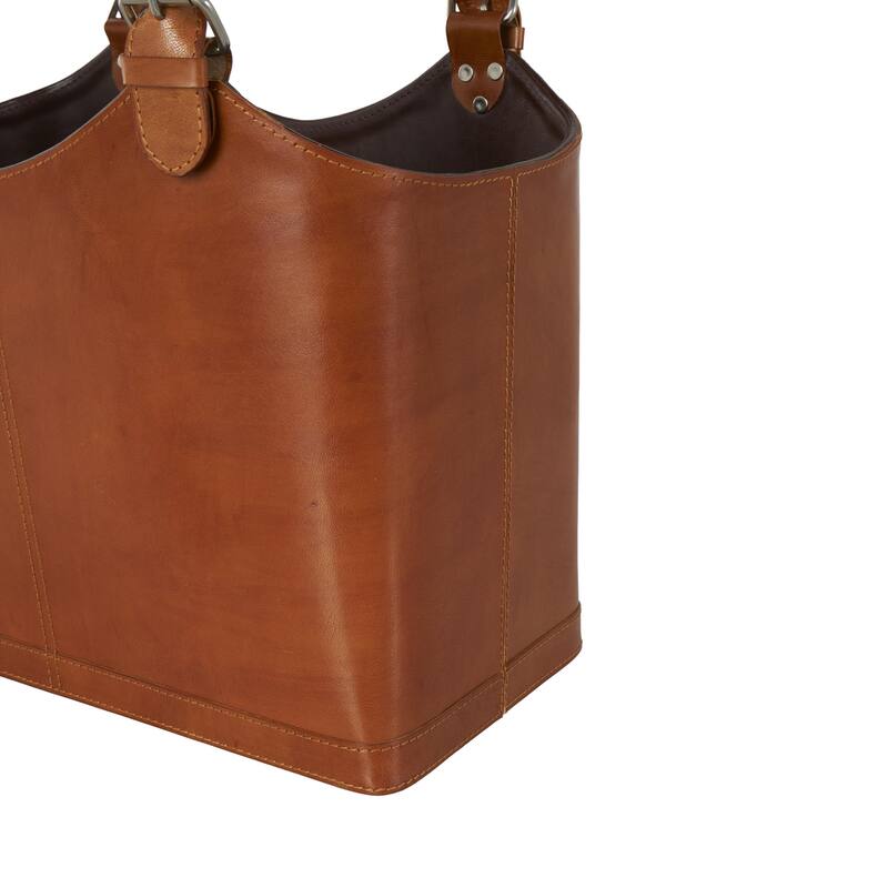 Brown or Black Leather Handmade Box Style Single Slot Decorative Magazine Holder with Detail Stitching and Curved Buckle Handles