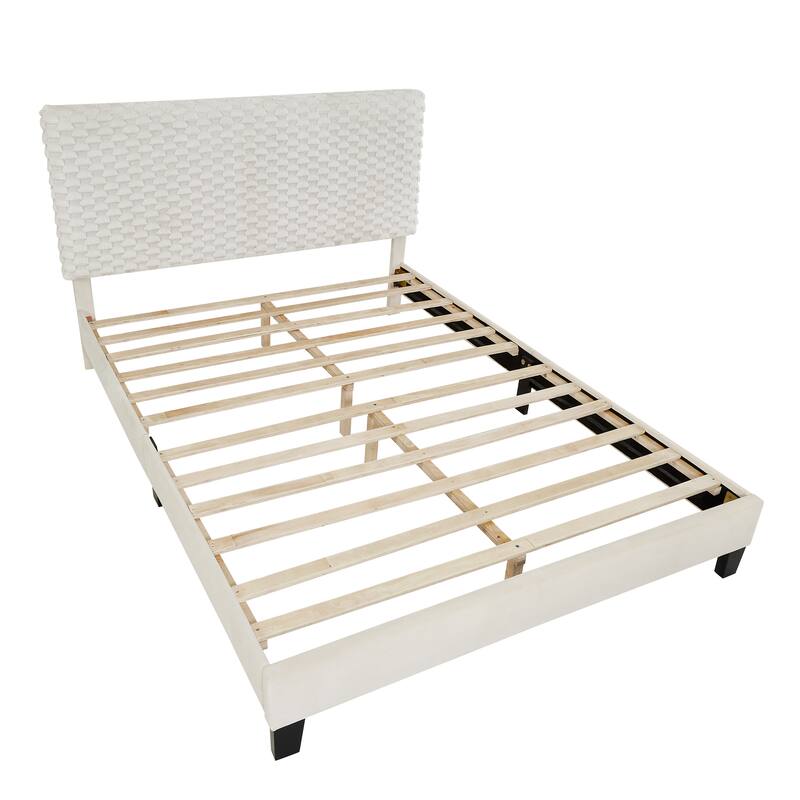 Plush 3D Upholstered Platform Bed with Adjustable Headboard in White Dove