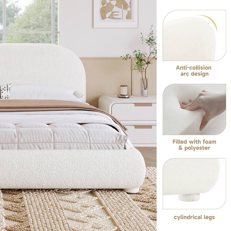 Modern Fabric Upholstered Bed with Curved Headboard, Strong Metal Frame, Queen/King Size Platform Bed