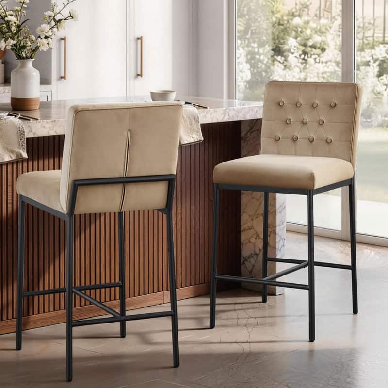 Spruce & Spring Velvet Tufted Counter Bar Stool with Metal Frame - Set of 2 - Khaki