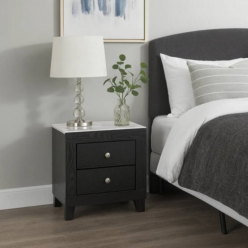Yoh 23 Inch 2 Drawer Nightstand, White Marble Top, Metal Knobs, Black