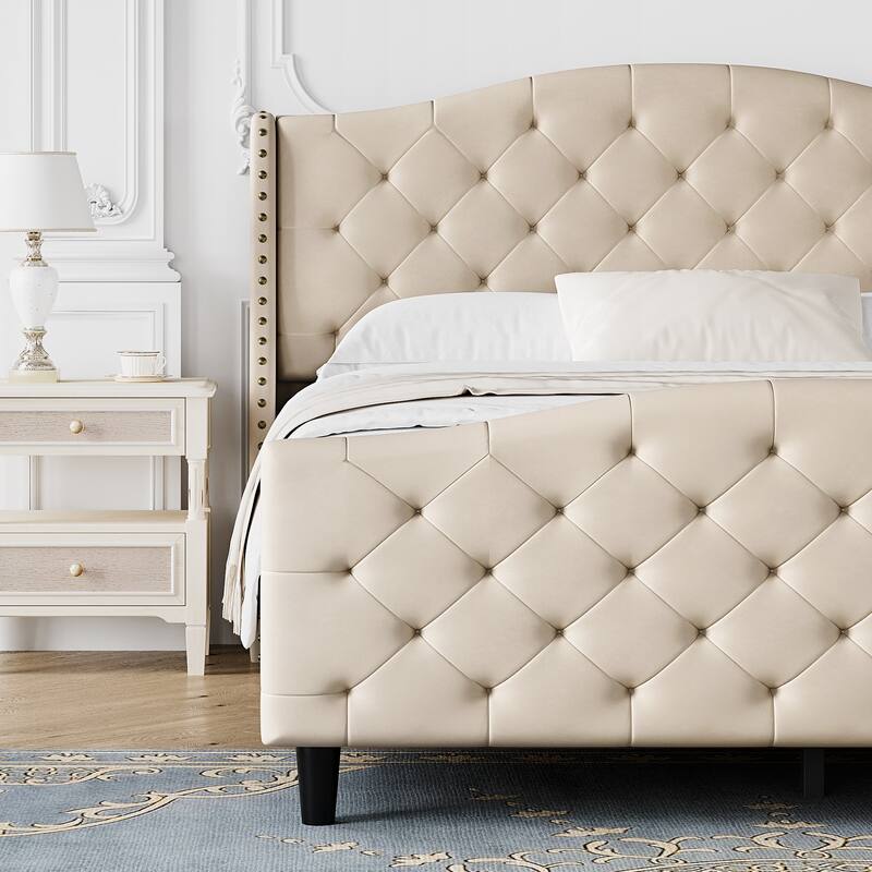 Elam Tufted Upholstered Platform Bed Frame with Off-white Headboard and Footboard