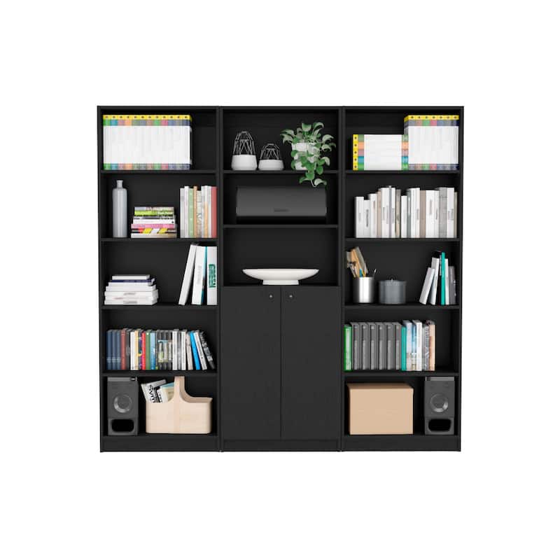 FM FURNITURE Bayard 3 Piece Living Room Set 2 with Sutton 4 Shelves Bookcase + Sutton 2-Door Bookcase, Black