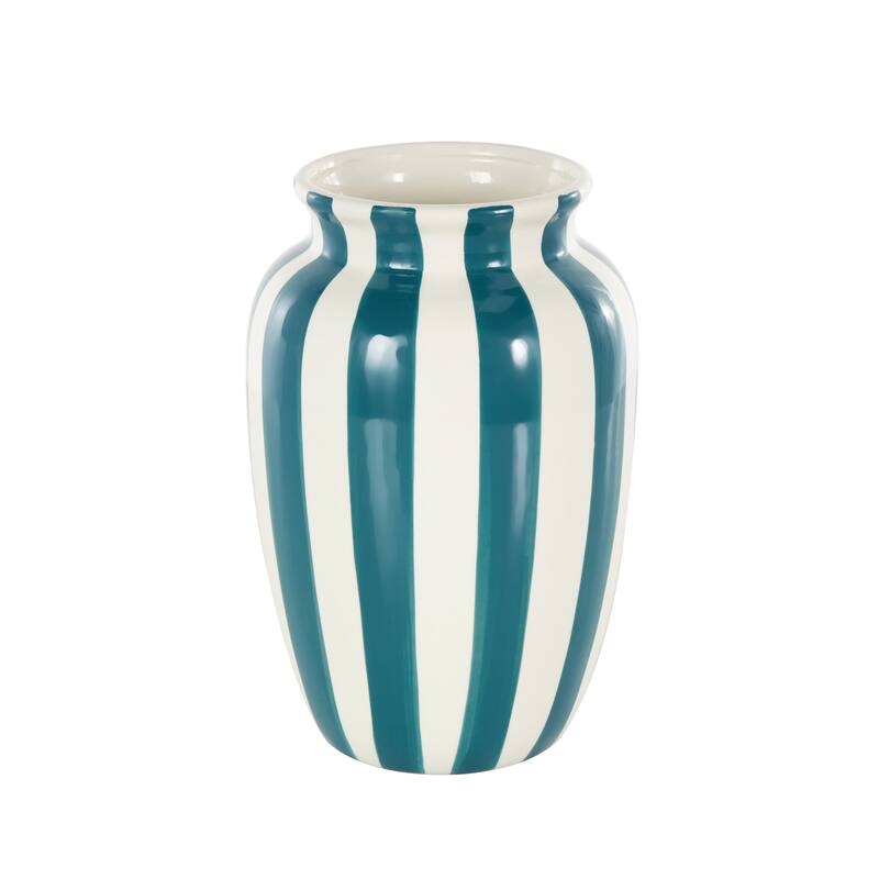 White Ceramic Round Wide Decorative Vase with Yellow or Teal Vertical Stripes