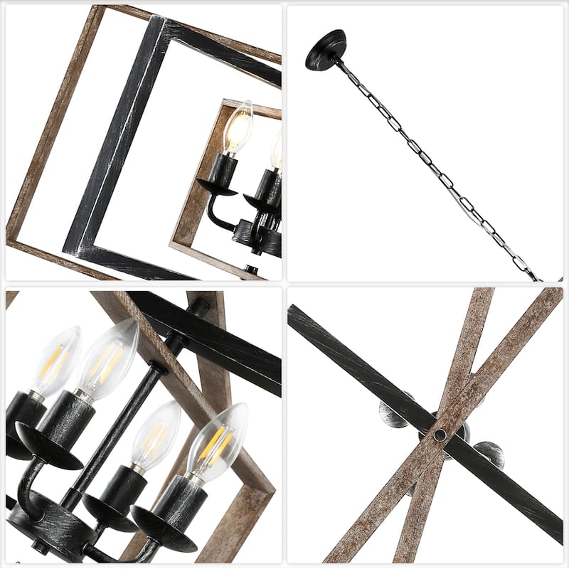 CurveCurio 24" Antique Burshed Matte Black Metal Chandelier with Wood Accents, 4 Lights with 70" Adjustable Hanging Chain