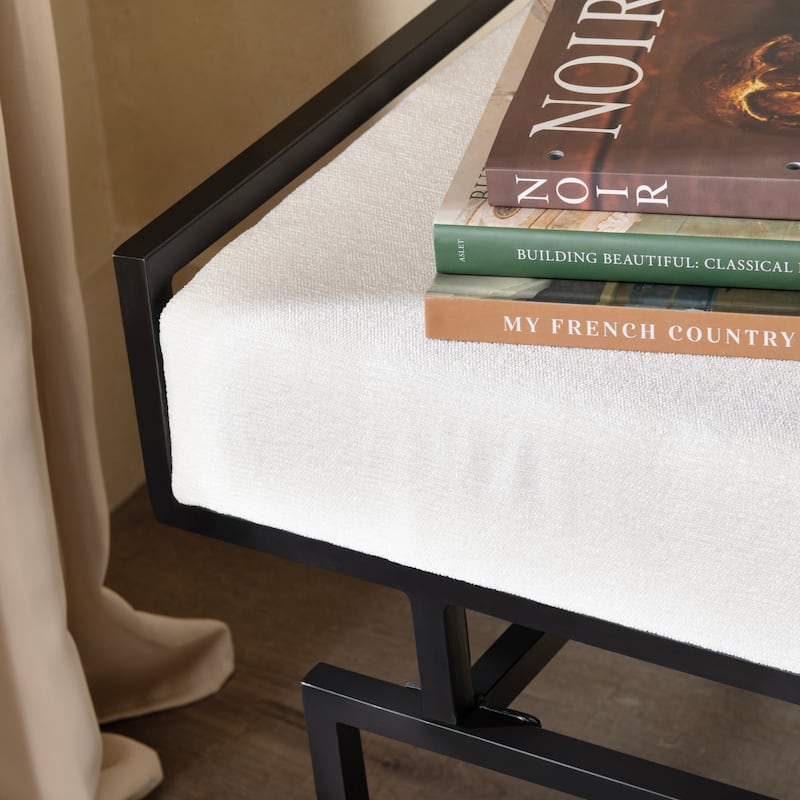 55 in. White Upholstered Accent Bench with Black Iron Frame