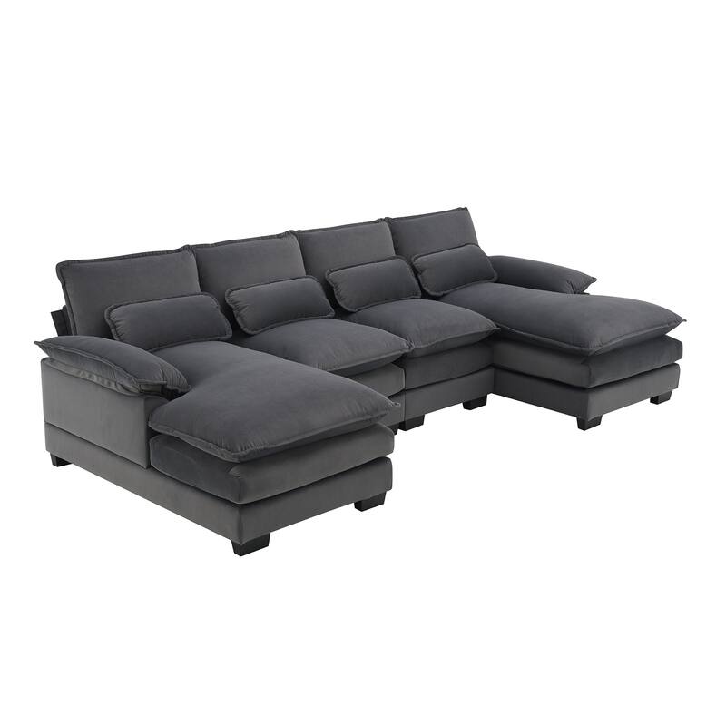 Modular U-shaped Sectional Sofa with 4 Waist Pillows, 6-Seat Upholstered Sofa with Chaise Lounge, Oversized Velvet Cloud Sofa