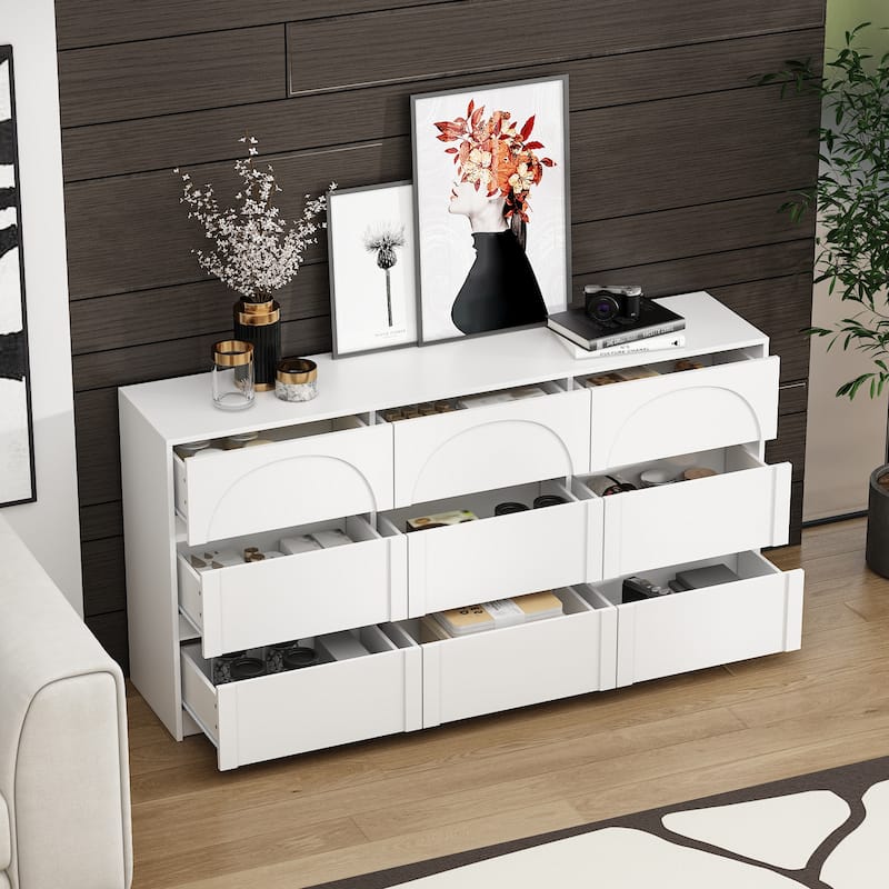 White 9-Drawer Nightstand with Modern Design and Safety Features
