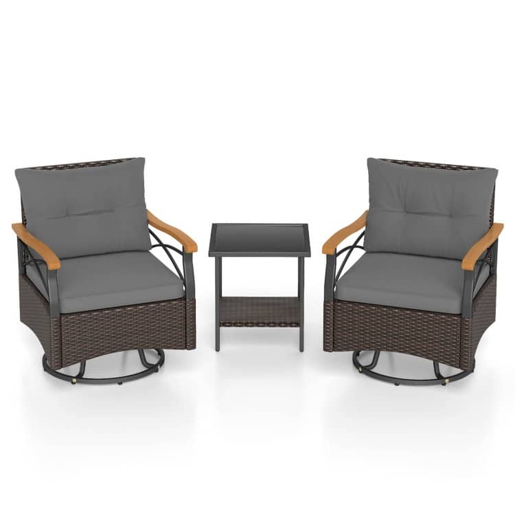 3 Piece Mix Brown Rattan Swivel Chairs Set with Cushions and Table - Chair: 27" x 25" x 33.5" - Grey