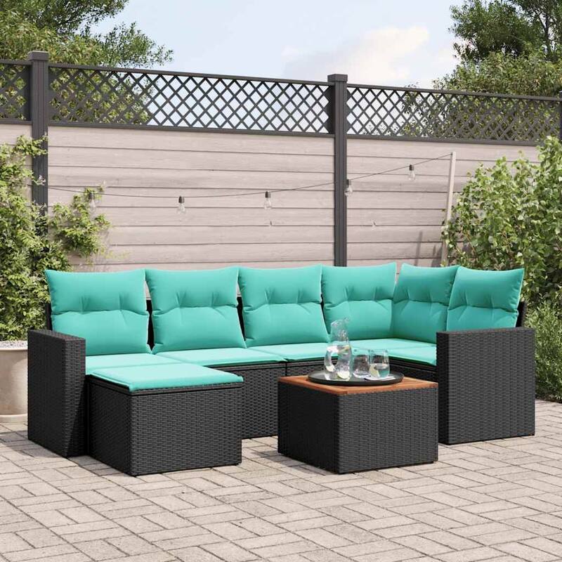 vidaXL 7 Piece Patio Sofa Set with Cushions Black Poly Rattan - 24.4 x 24.4 x 27.2