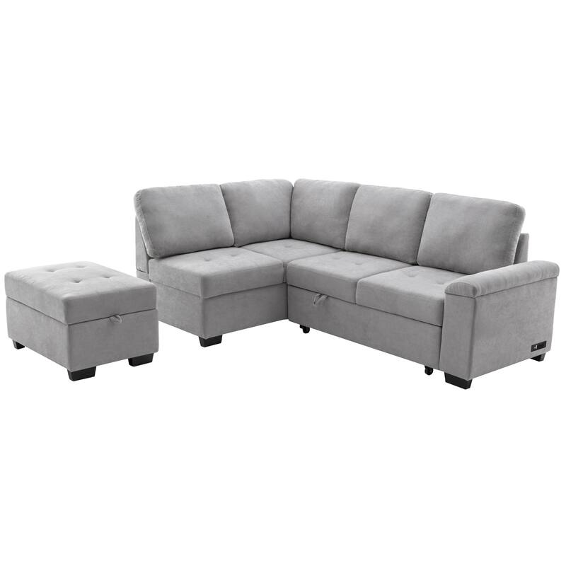 84.75" Velvet L-Shaped Sectional Sofa with Storage Ottoman, USB & Hidden Storage