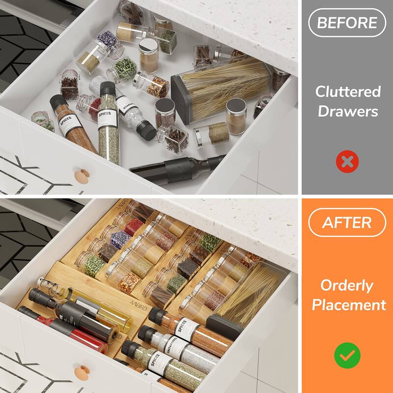 Bamboo Spice Drawer Organizer with Non-slip Mat,4 Tier 2 Set Jar Spice Rack Tray From 12"to24",Hold up 48 Jars Seasoning