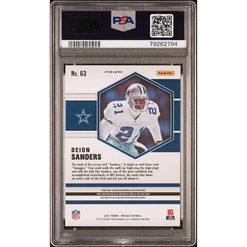Deion Sanders 2021 Panini Mosaic Reactive Blue Football Card #63 PSA 10 - 8'6" x 11'6"