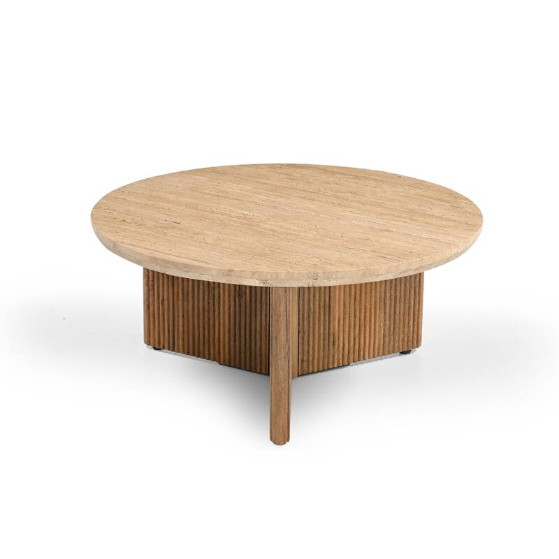 Modrest Pawnee Modern Travertine Marble & Wood Round Coffee Table