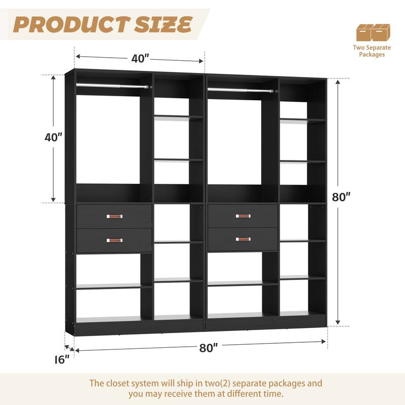 40'' Large Closet System with 10 Shelves and 2 Drawers, Freestanding Closet Organizer with Hanging Rods