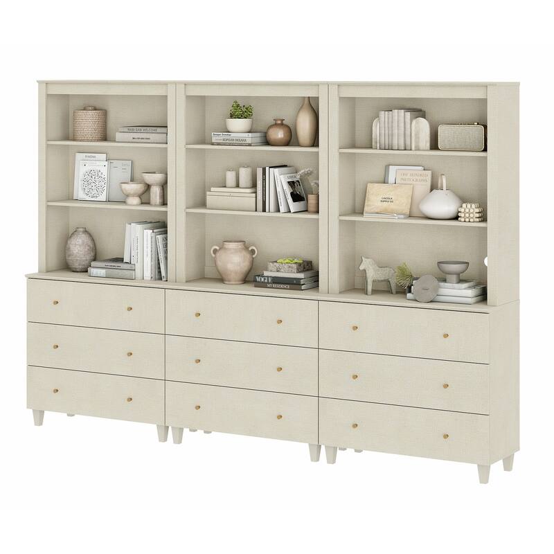 Modern 71" Tall Bookcase with Drawers & Open Shelves for Home Office - 3 Column 3-Tier - Beige Linen Printed