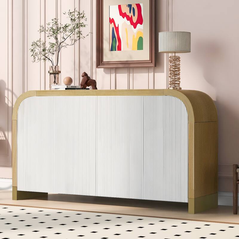 59.8" Sideboard Buffet Cabinet with arched ceiling and 4-door Pine veneer Storage Cabinet with Adjustable Shelves - White