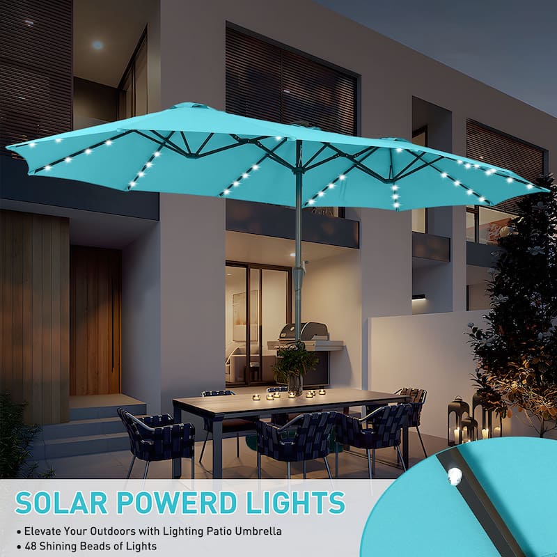 15ft Patio Umbrella Outdoor Market Umbrella with Base and LED Lights