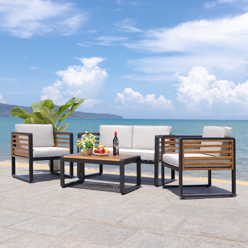 SAFAVIEH Outdoor Vesta Solid Wood 4-Piece Conversation Set - 48"W x 26"D x 26"H