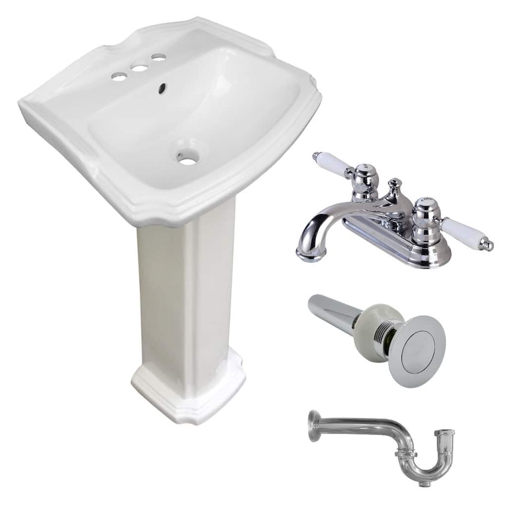 White Ceramic Pedestal Sink Cloakroom 19" with 4" Chrome Centerset Faucet, P-Trap, Drain and Overflow Renovators Supply