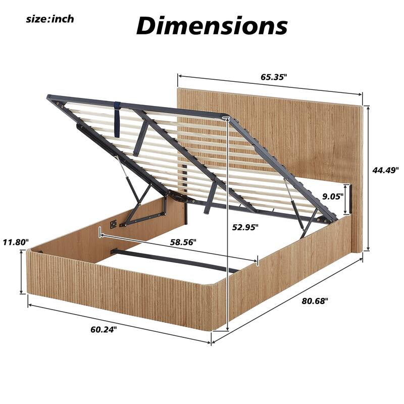 Queen Size Lift Up Storage Bed Frame, Wooden corrugated curved lines, Hydraulic Storage/No Box Spring Needed