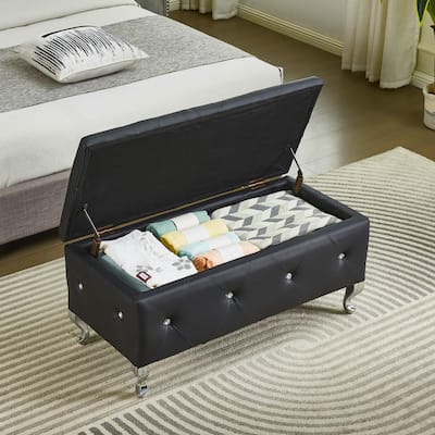 38.5" Upholstered Storage Bench with Wood Legs, Safety Hinge, and 380lb Seating Capacity