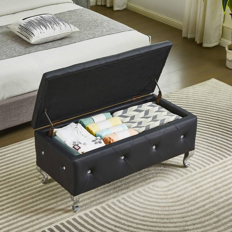 Upholstered End of Bed Bench, Faux Leather Rectangular Storage Benche, Shoe Bench with Crystal Buttons & Metal Legs - Black