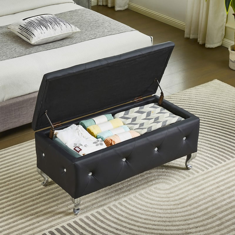 Upholstered Rectangular Storage Ottoman Bench with Crystal Buttons - Black