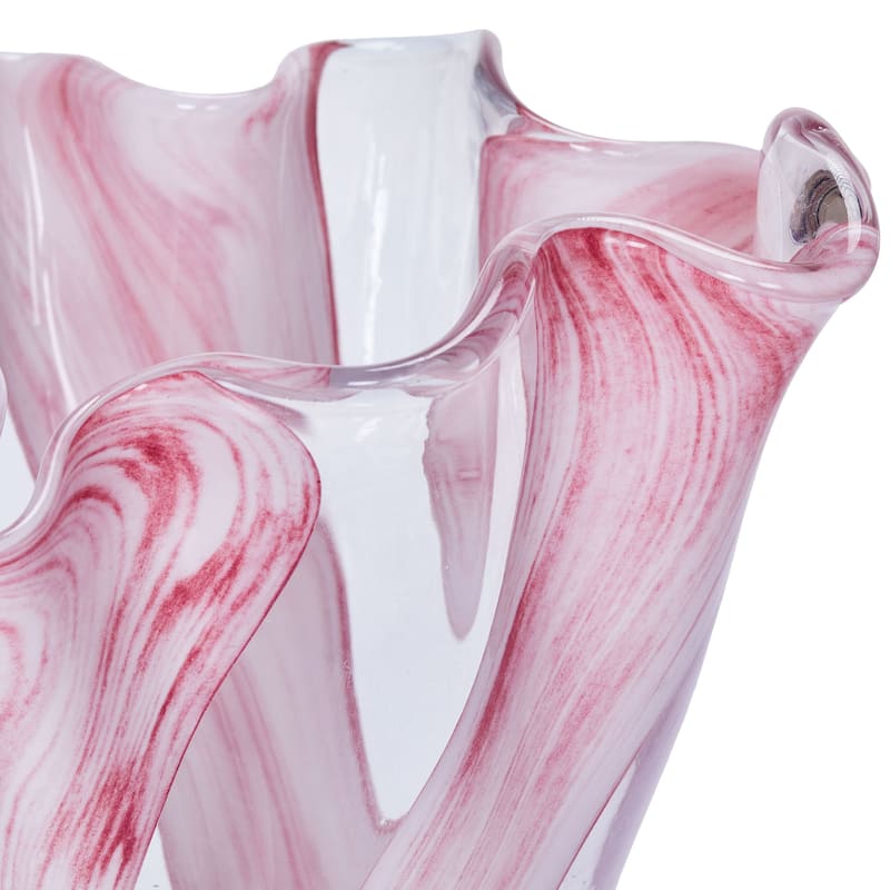 Set of Two Pink Striped Handblown Glass Vases with Scalloped Edges