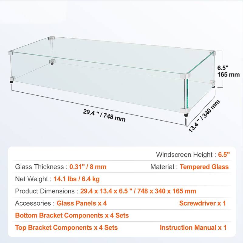 Tempered Glass Wind Guard for Rectangular Fire Pit Table