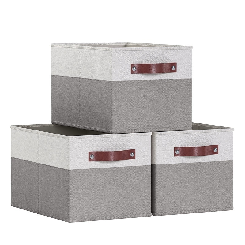 3 Pack Collapsible Shelf Basket Rectangle Storage Bins with Faux Leather Handles - White/Gray - 16.5" x 11.8" x 7.5"