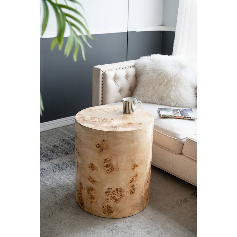 Burl Wood Cylinder Side Table Natural Grain End Table for Living Room