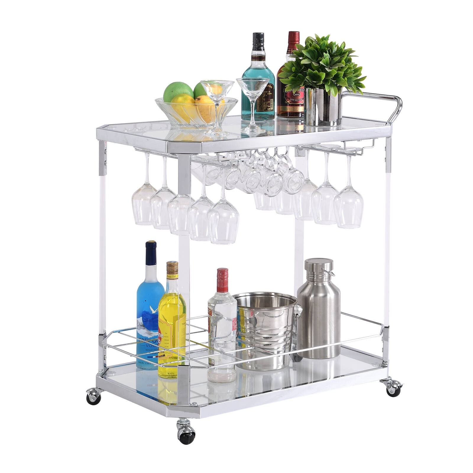 HOMYSHOPY Acrylic Bar Cart with Wine Rack & Glass Holder, 2-Tier Silver  Rolling Cart, Chrome