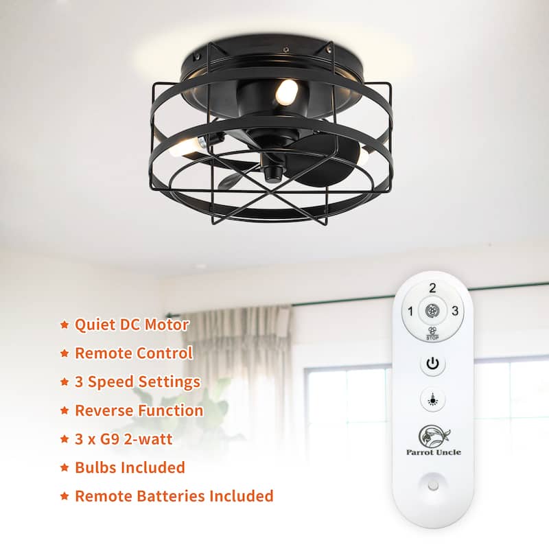 12.5" Black Small Metal Caged Low Profile Ceiling Fan with Light