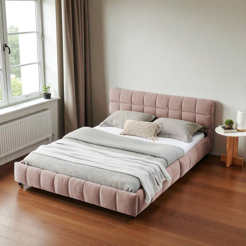 Queen Upholstered Platform Bed with Chenille Fabric, Soft Headboard & Underbed Storage Drawer, Solid Bed Frame