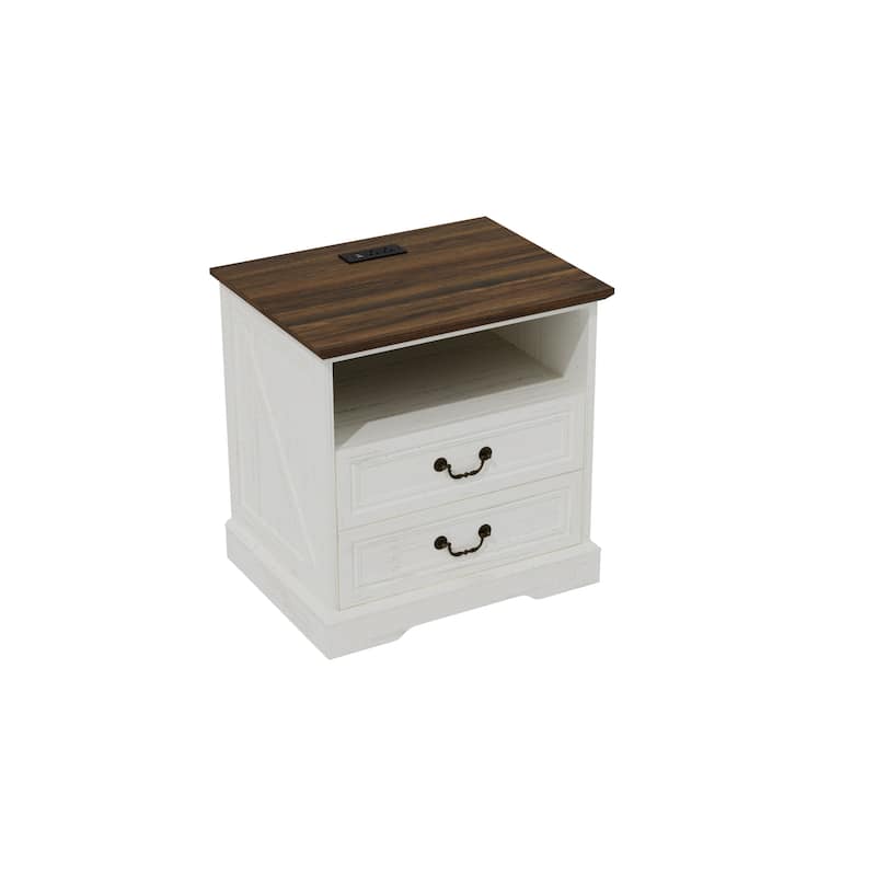 Farmhouse Nightstand with 2 Drawers, Open Shelf & Power Port, Rustic Bedside Table, Antique Brass Handles, White/Grey