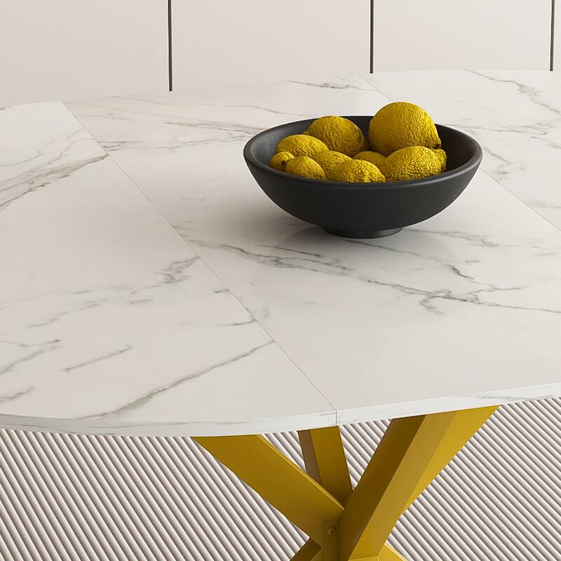 Modern and simple round dining table with extendable blades, carbon steel X-shaped base, sturdy and durable(4-6 people)