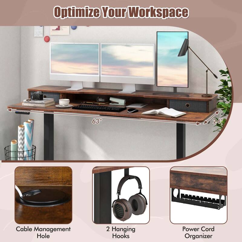 Costway 63" x 24" Electric Standing Desk with 2 Drawers Monitor Stand - See Details