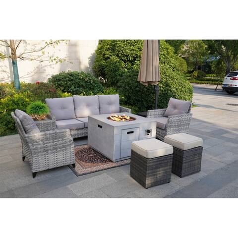 Outdoor Garden Rettan Sofa, Chairs and Lounger Set with Fire Pit Table