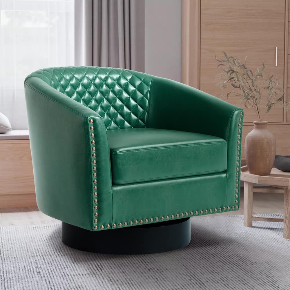 Tufted PU Vegan Leather Swivel Barrel Chair with Nailheads Trim