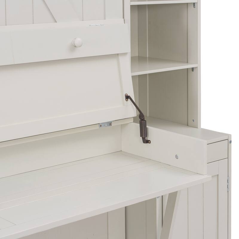 Foldable Murphy Bed Queen Size Wooden Wall Bed Framen with Built-in Desk, Top Lights, Open Shelves, Storage Drawers and Cabinets