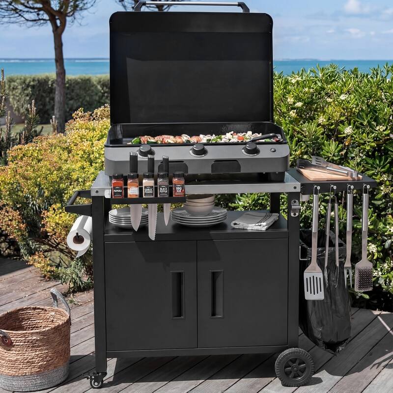 Outdoor Grill Cart with Foldable Table, Storage Cabinet & Wheels
